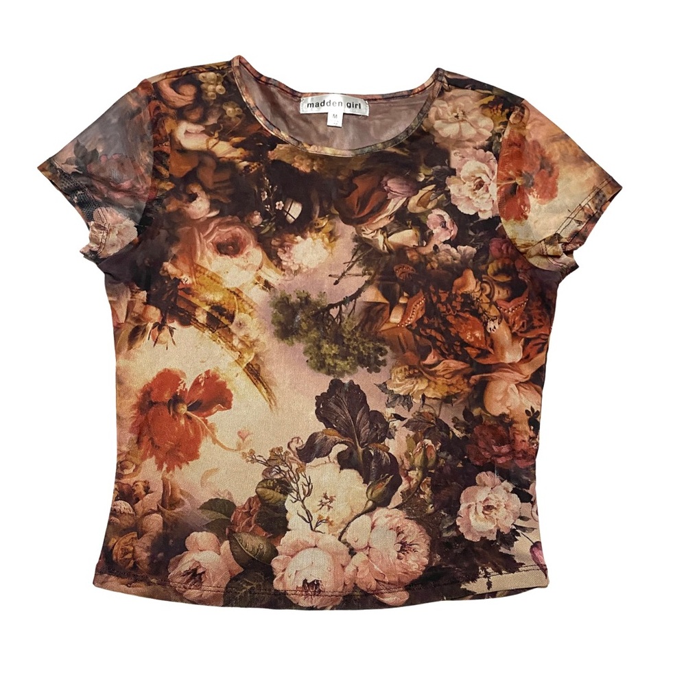 Madden Girl Floral Mesh Short Sleeve Top - Brown Mult